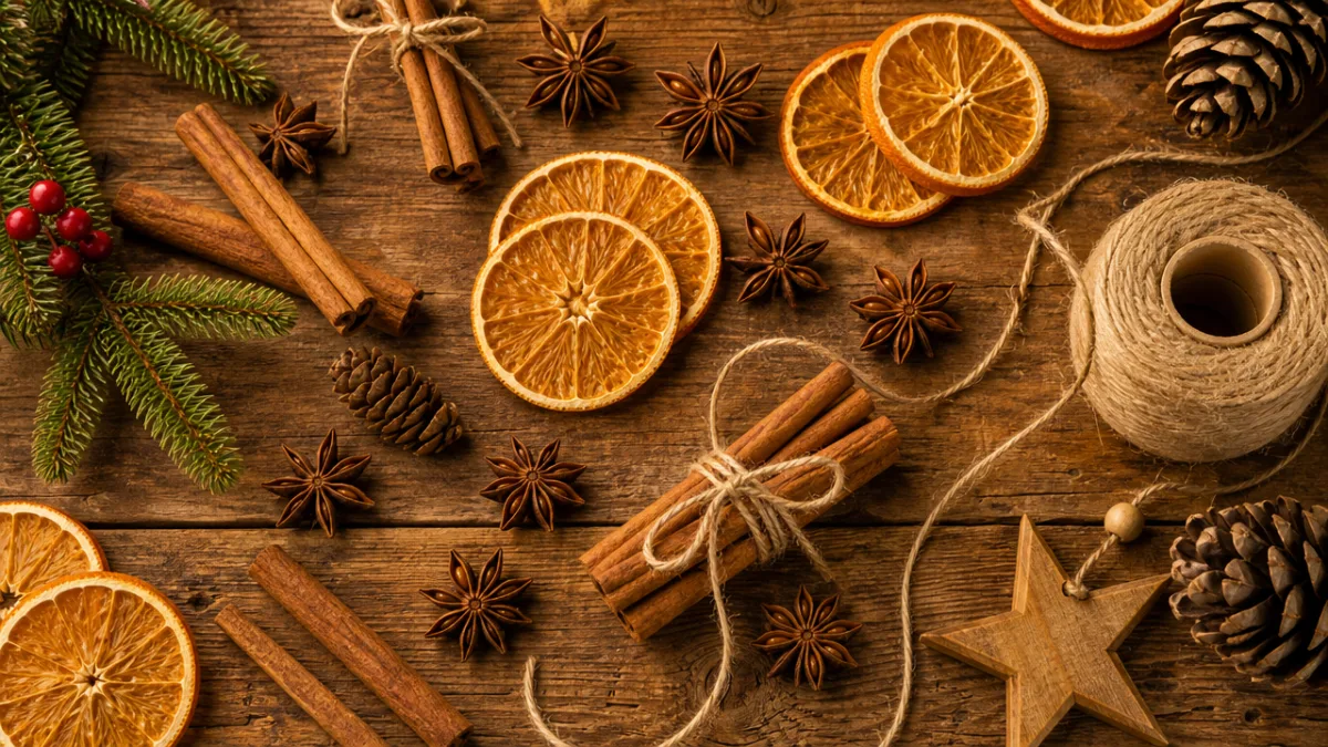 a flat lay of natural Christmas craft materials including star anise, cinnamon…