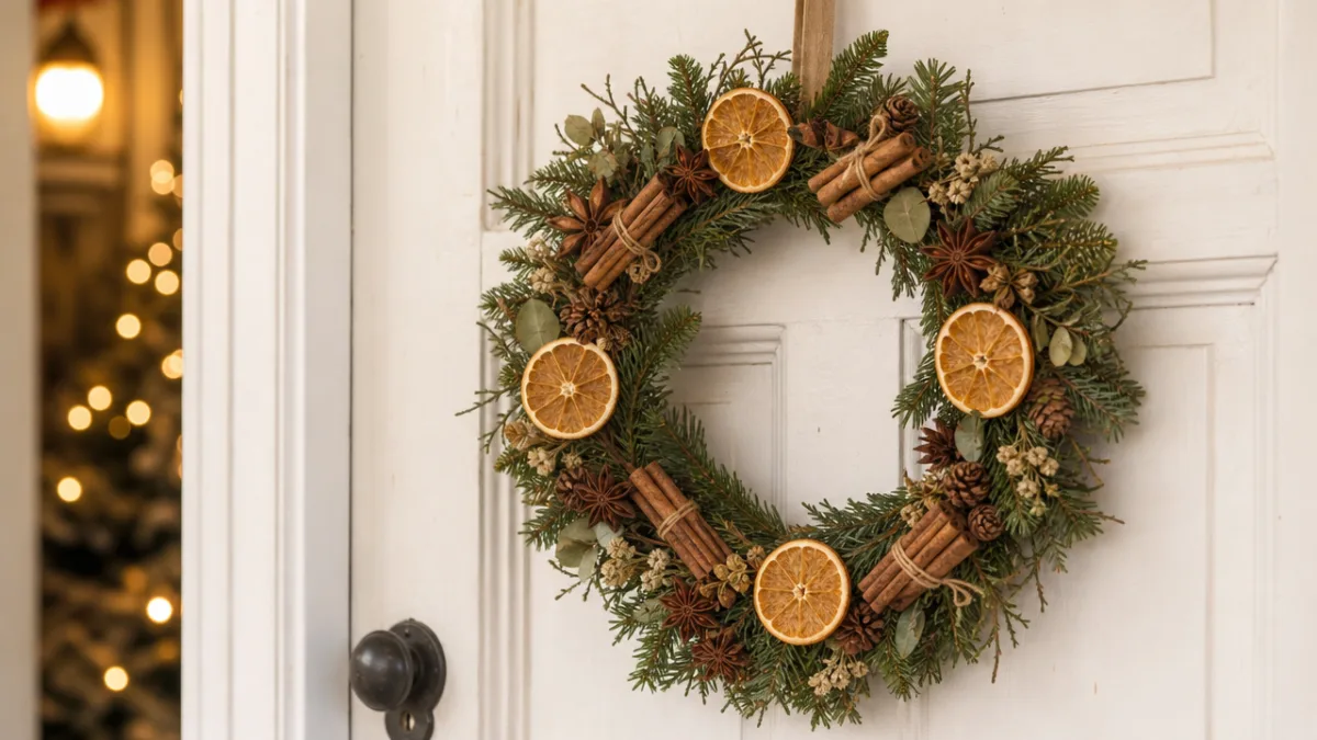 a handmade natural Christmas wreath with star anise, cinnamon and dried oranges…