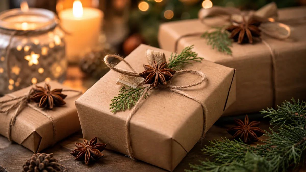 beautifully wrapped Christmas gifts decorated with star anise clusters and twine bows,…