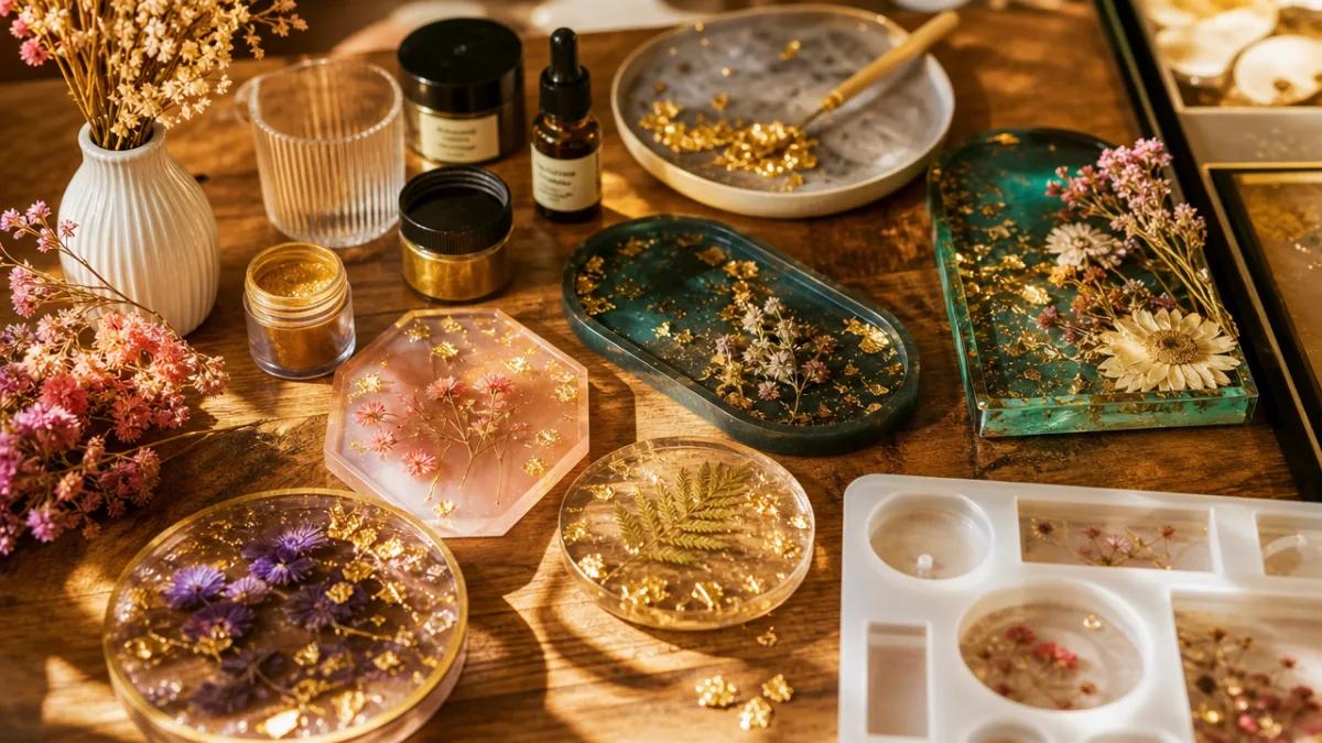a beautifully lit craft table with colorful resin art pieces, gold pigment,…