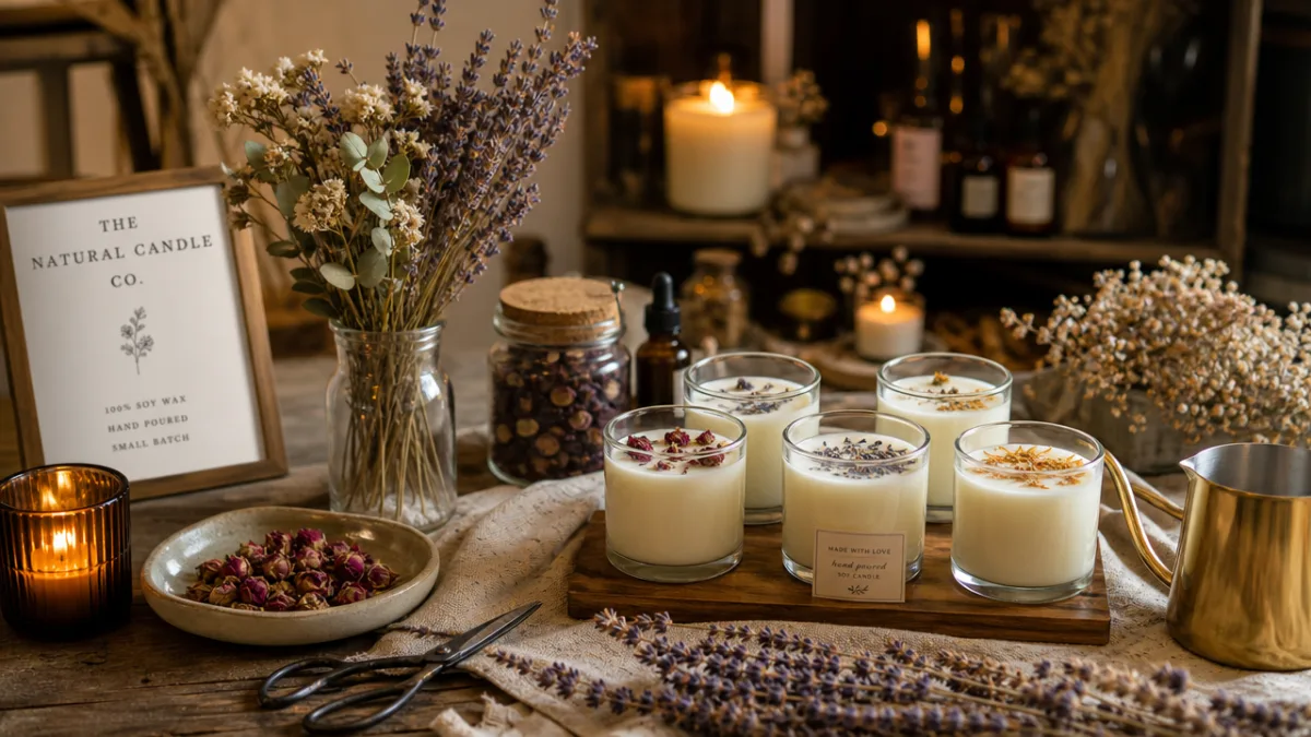 an elegant candle-making workspace with poured soy candles, dried botanicals, and warm…
