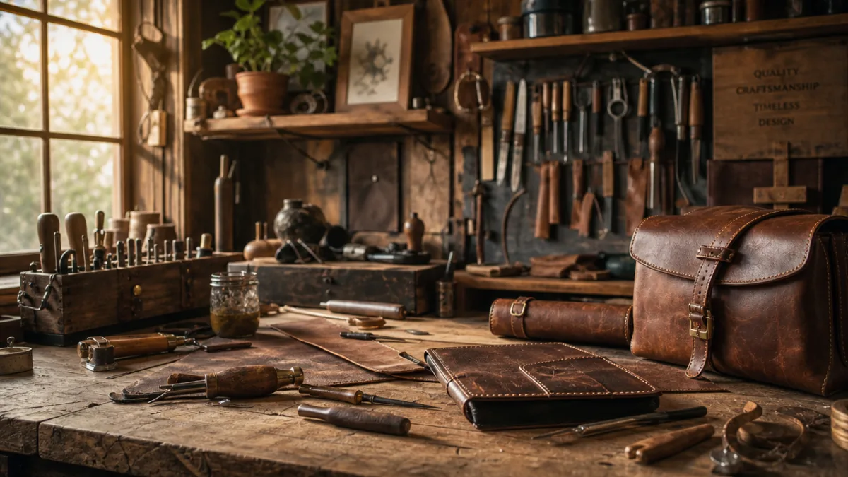 a rustic leather crafting workshop with tools, hand-stitched leather goods, and rich…
