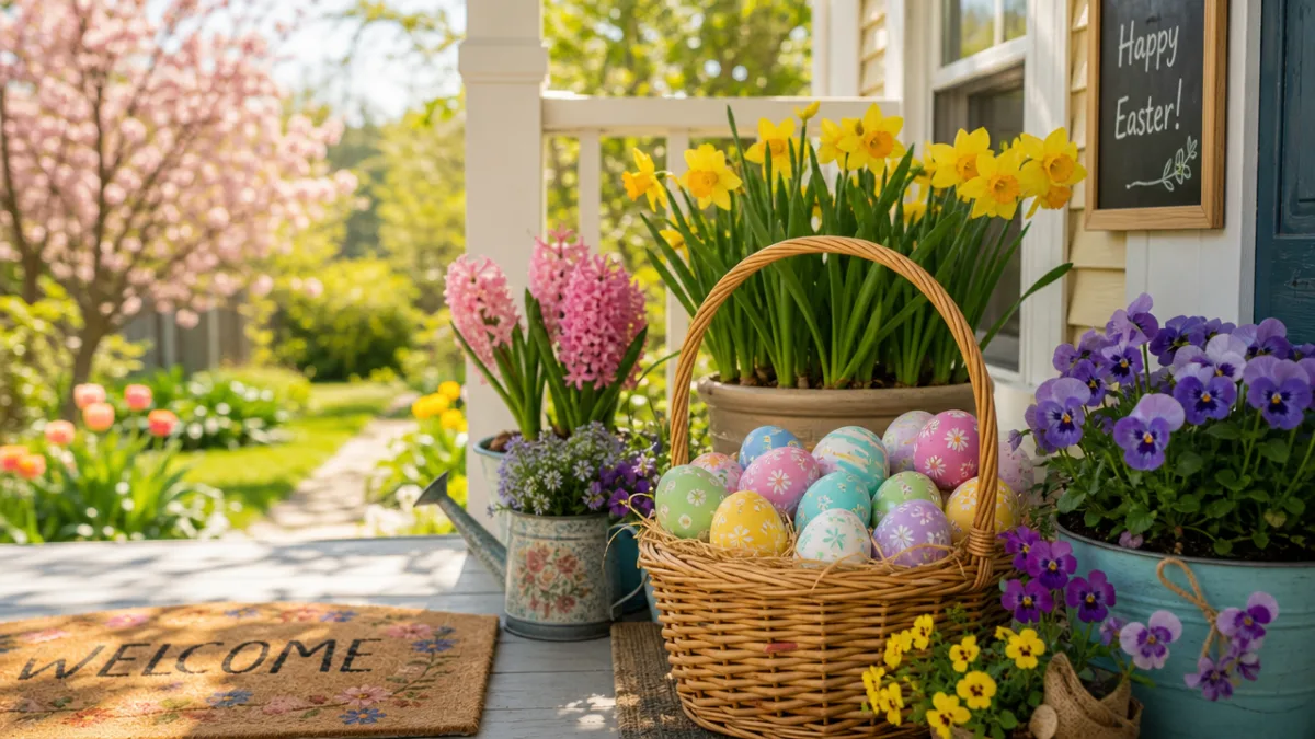 a sunny garden porch with painted Easter eggs in a basket, blooming…