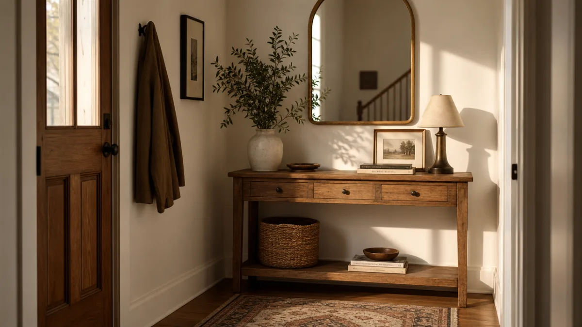 a narrow entryway with a wooden console table against a white wall,…