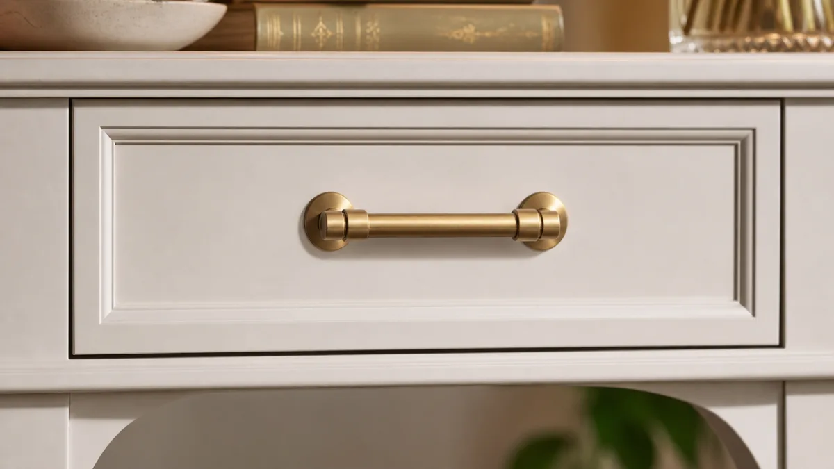 close-up of a freshly painted console table drawer with brushed brass hardware,…