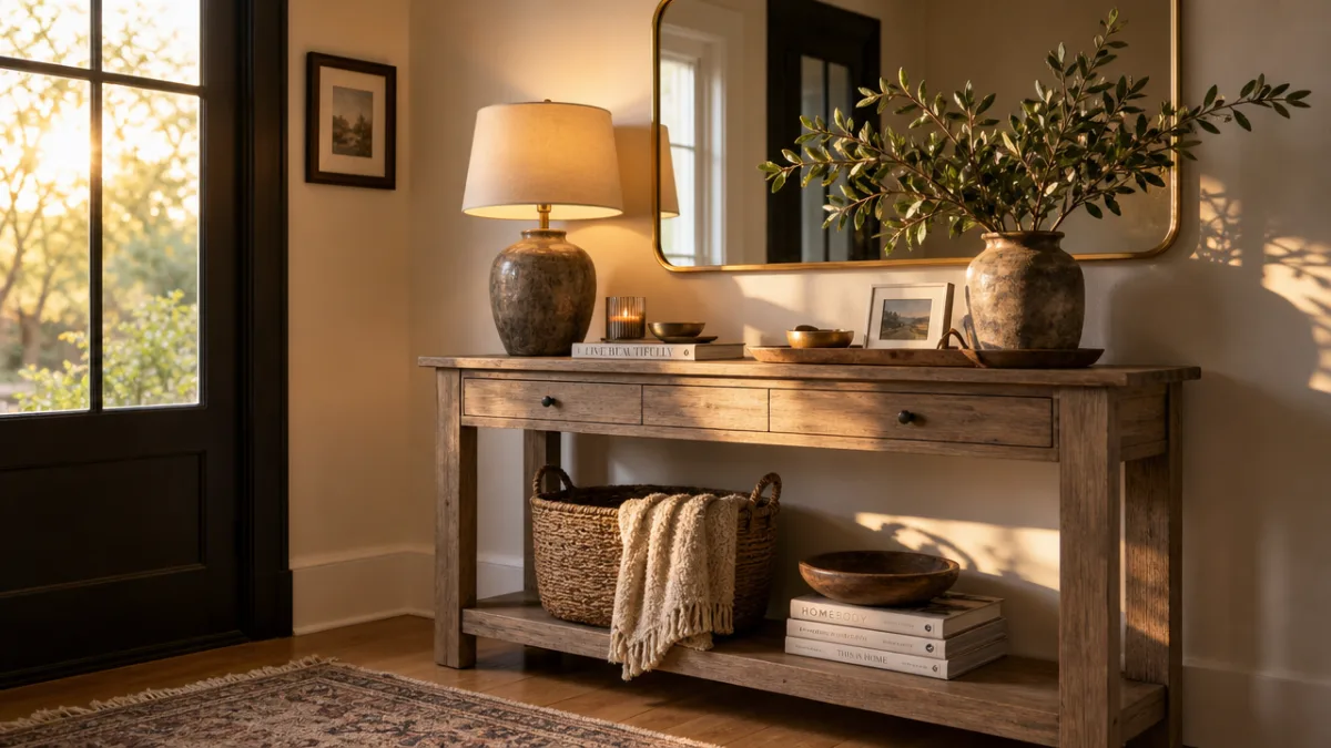 a fully styled entryway console table with a lamp, greenery, and tray,…