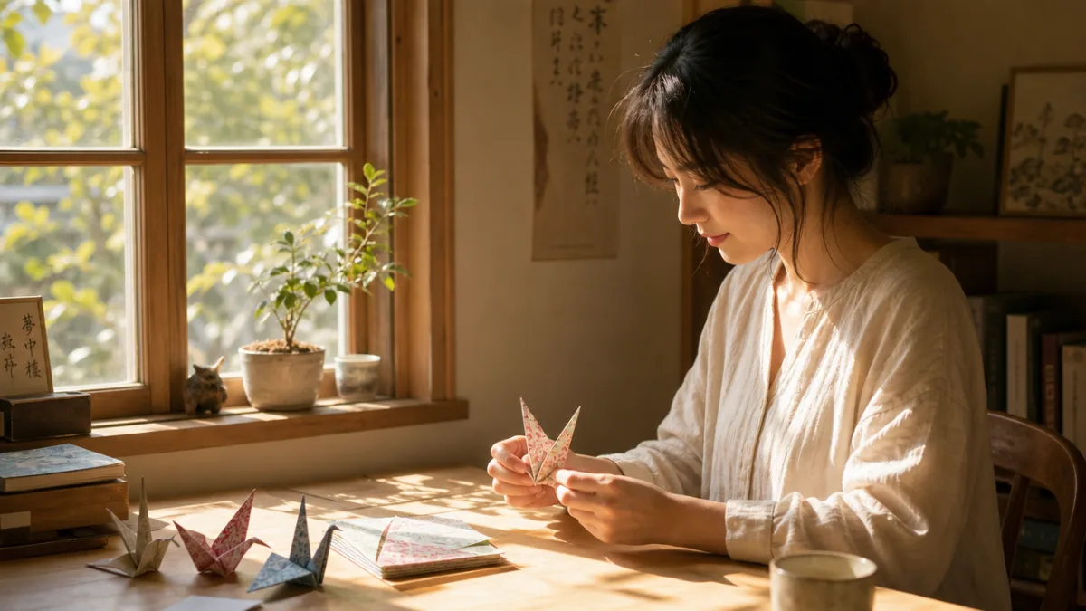 a person sitting at a sunlit window peacefully folding a paper crane,…