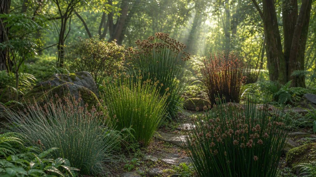 a lush woodland garden featuring diverse woodrush clumps with dappled morning light…