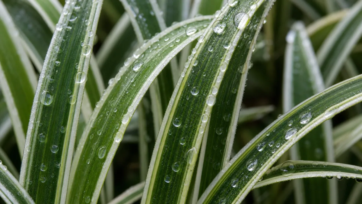 close-up of Luzula sylvatica Marginata leaves with silvery dew drops, soft diffused…