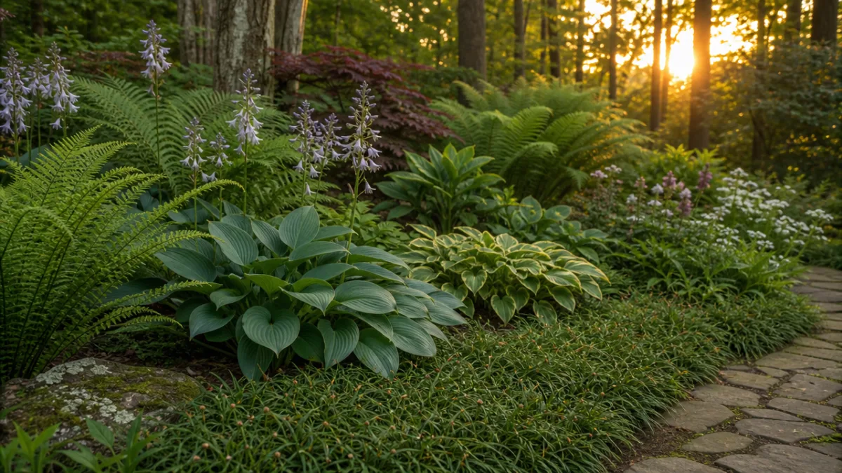 a diverse woodland garden border with ferns, hostas, and spreading woodrush ground…