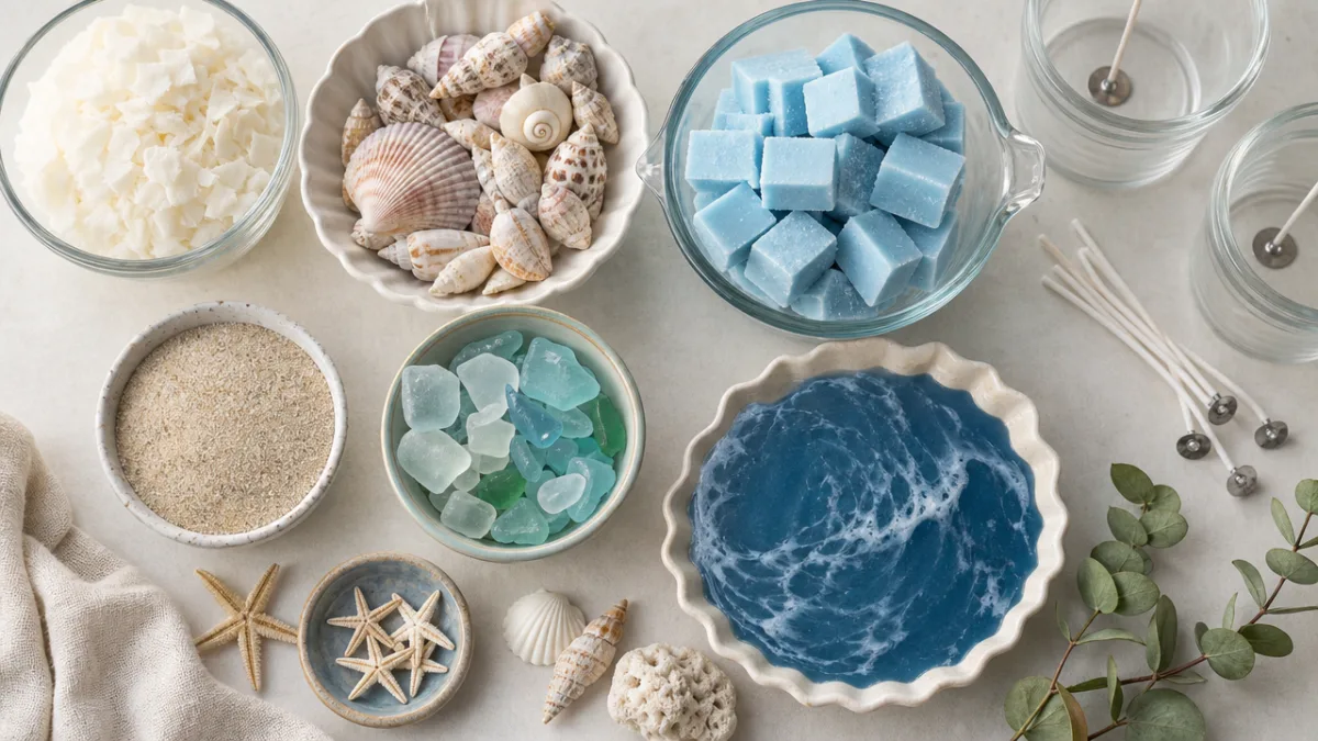 a flat lay of ocean candle craft supplies including shells, sea glass,…