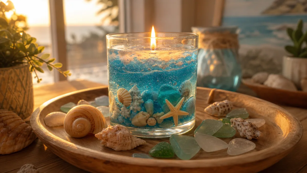 a glowing ocean candle with shells and sea glass on a wooden…