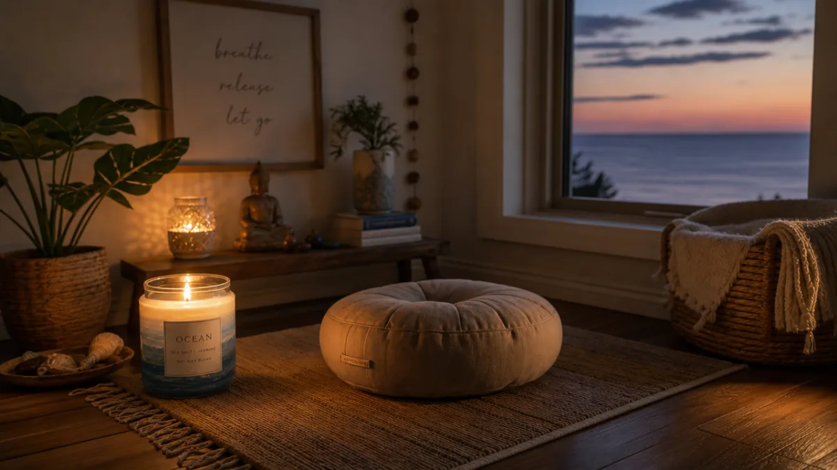 a peaceful meditation corner with an ocean candle glowing on a wooden…