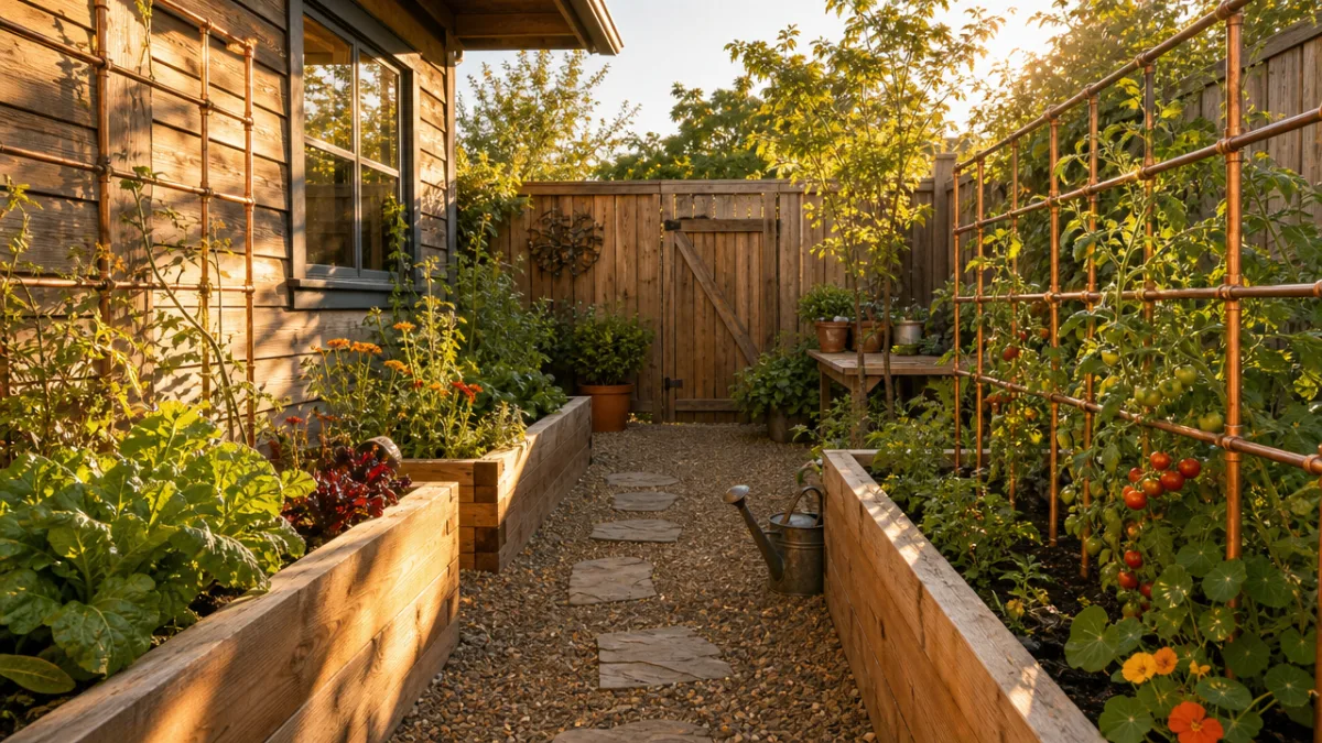 a sunlit small courtyard garden with handbuilt cedar raised beds and copper…