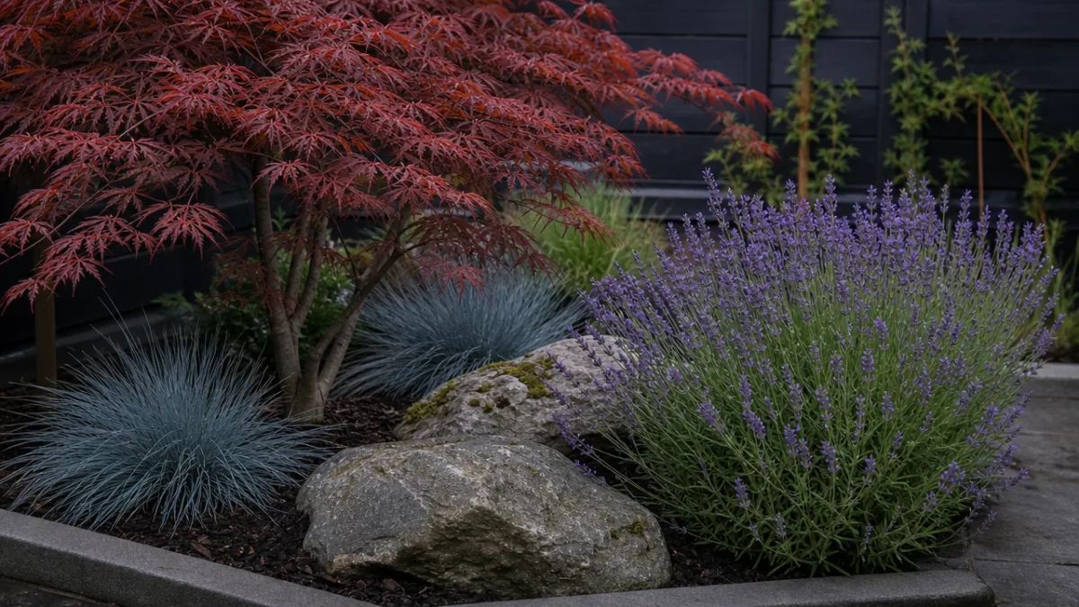 a carefully curated small garden bed with Japanese maple, blue fescue grass…