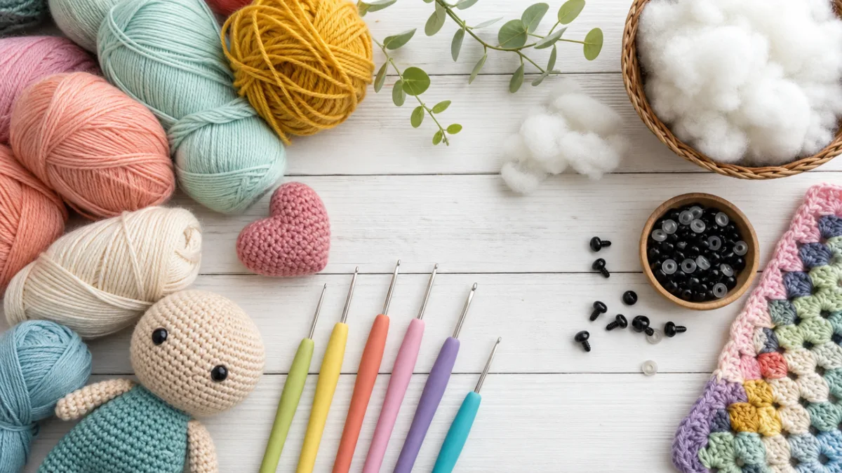a flat lay of colorful crochet yarn, hooks, stuffing, and safety eyes…
