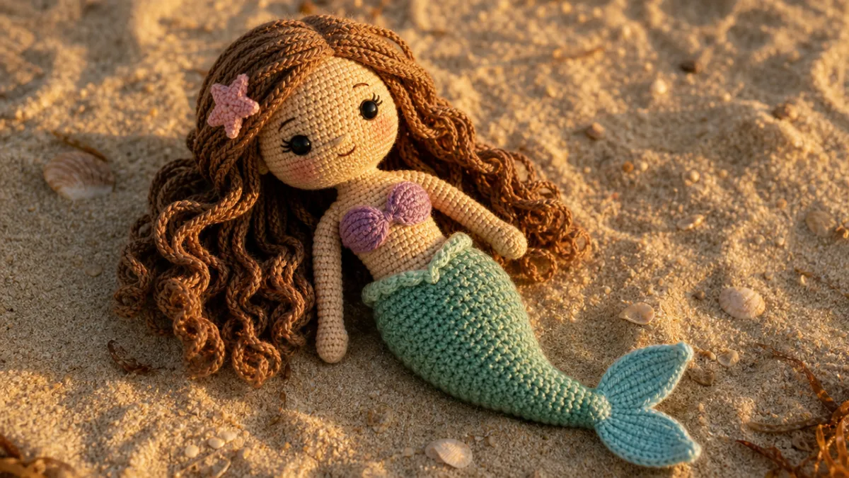 a completed amigurumi mermaid crochet doll on a sandy textured surface, warm…