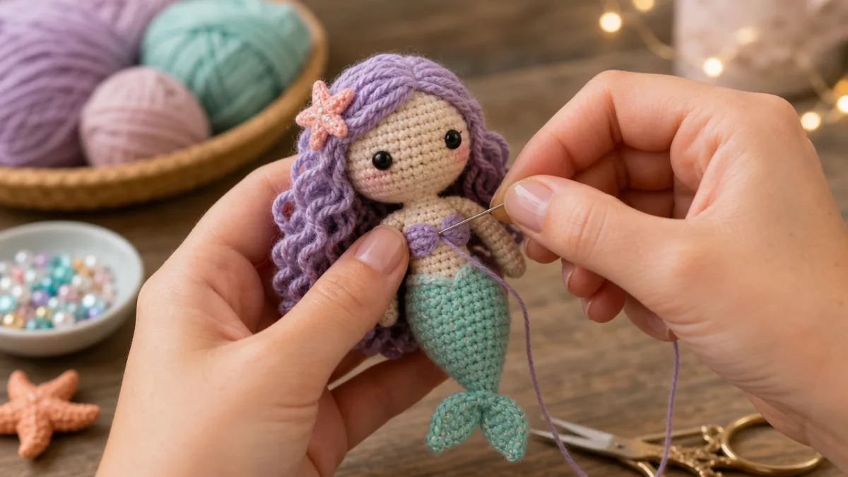 close-up hands of a crafter sewing a tiny crocheted mermaid doll, soft…