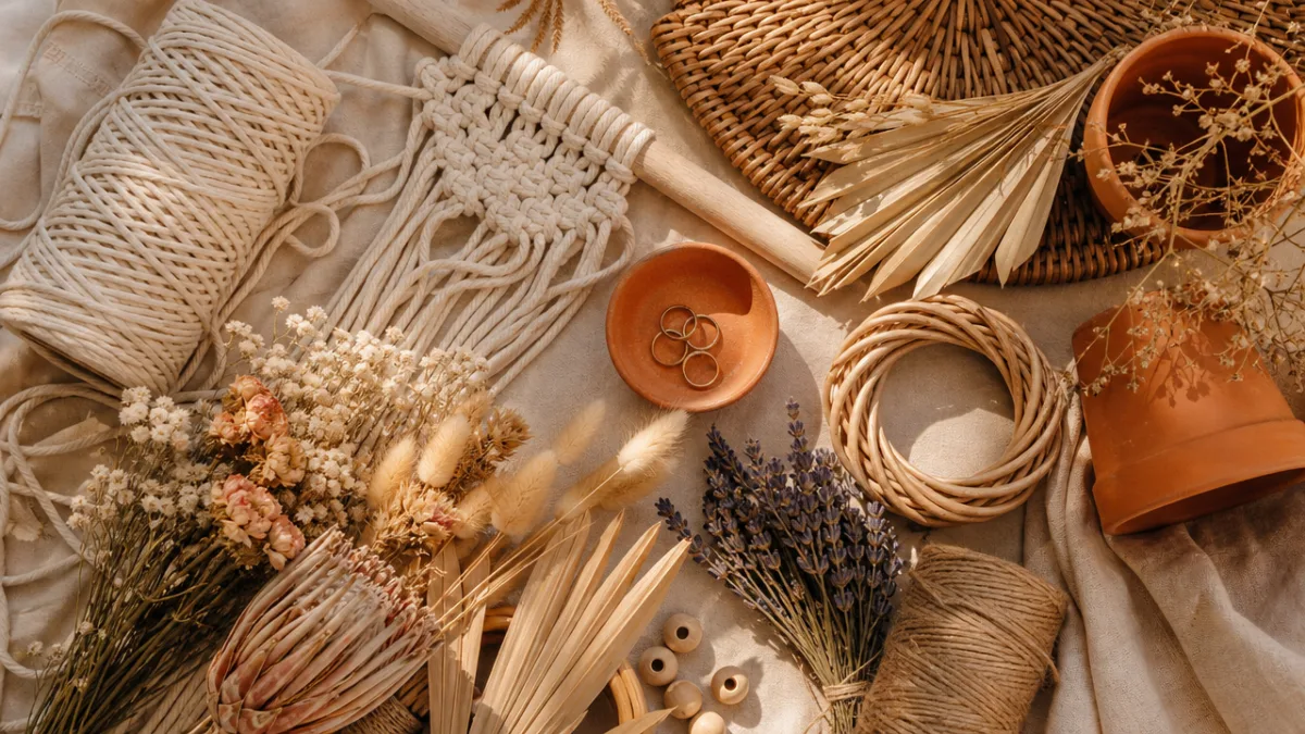a flat lay of boho craft supplies including macrame cord, dried flowers,…