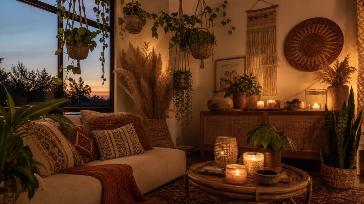 a lush boho living room corner with hanging plants, dried pampas grass,…