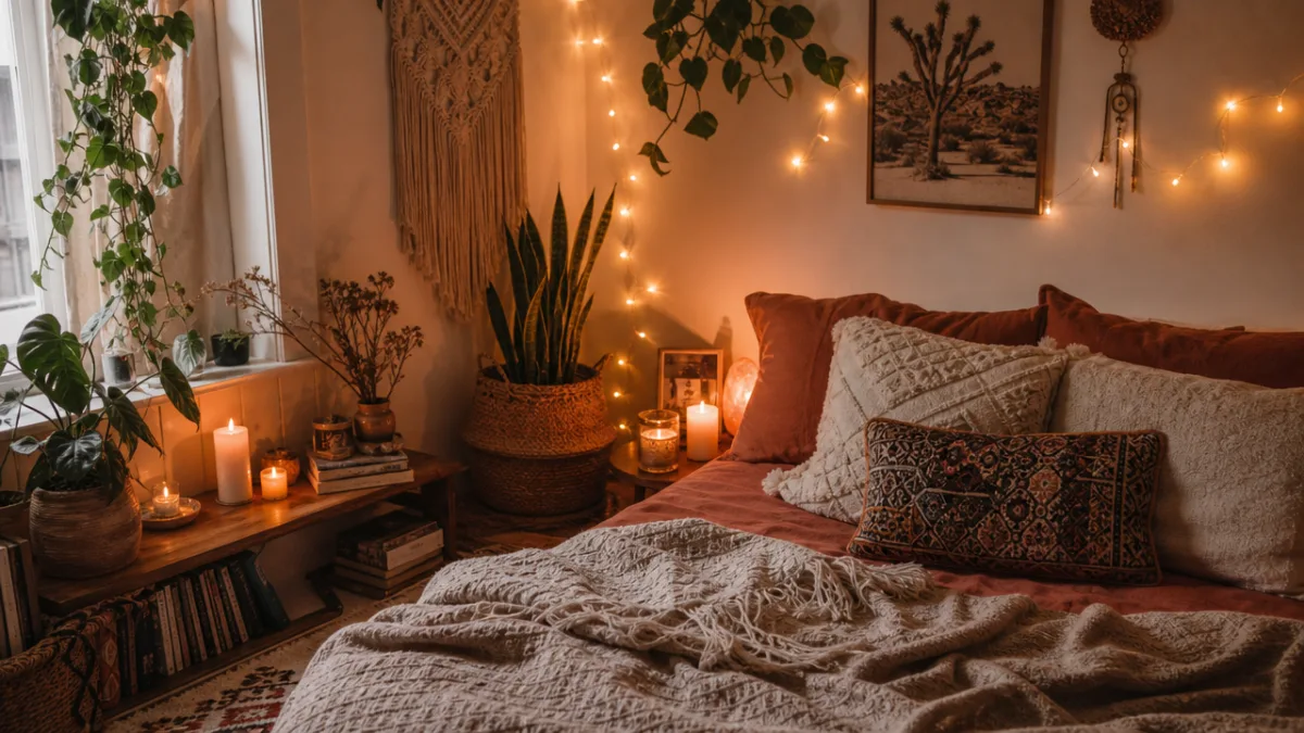 a cozy boho bedroom corner with glowing fairy lights, layered textiles, and…