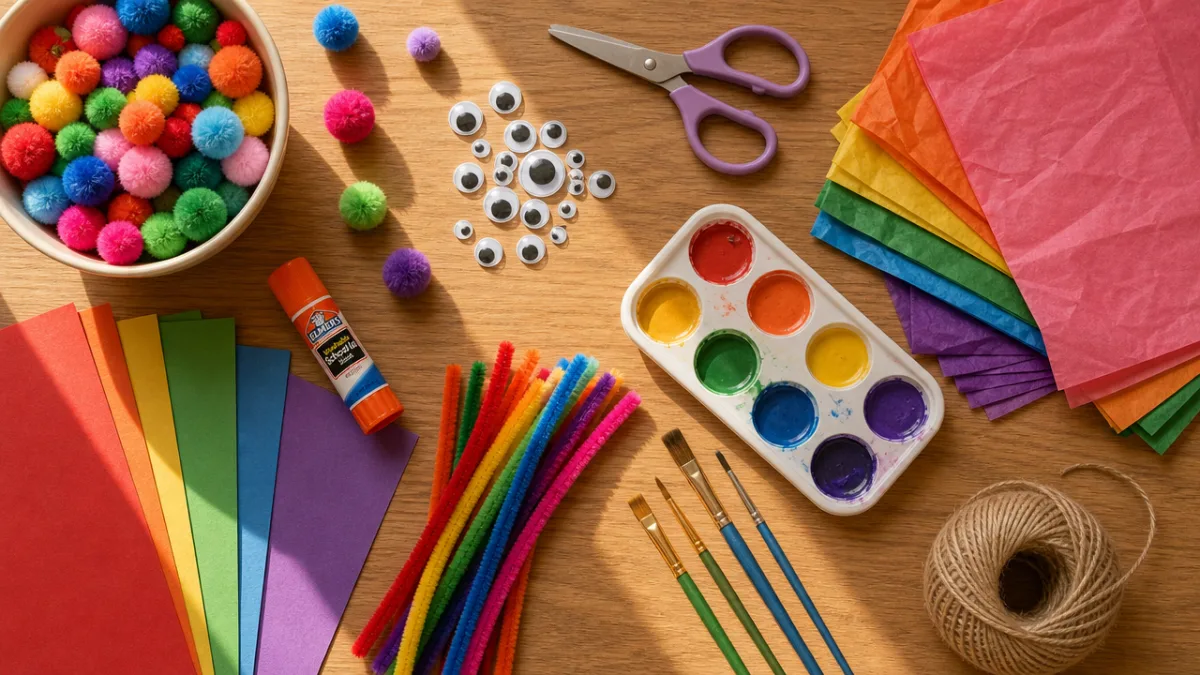 a flat lay of colorful craft supplies including pom-poms, googly eyes, tissue…