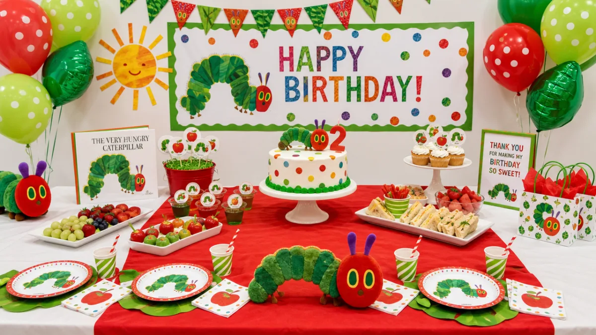 a cheerful children's birthday party table decorated in red and green caterpillar…