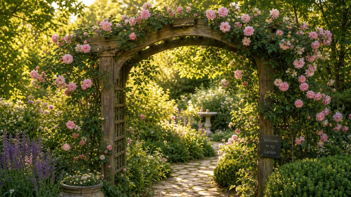 a wooden garden arbor covered in climbing roses in a lush green…