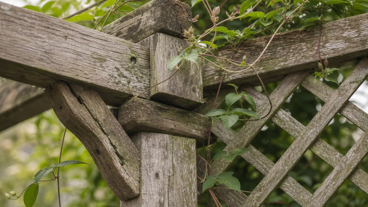 close-up of weathered wooden arbor joints and lattice detail with climbing plant…