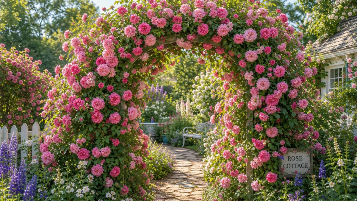 a garden arbor completely covered in blooming pink roses and green foliage…