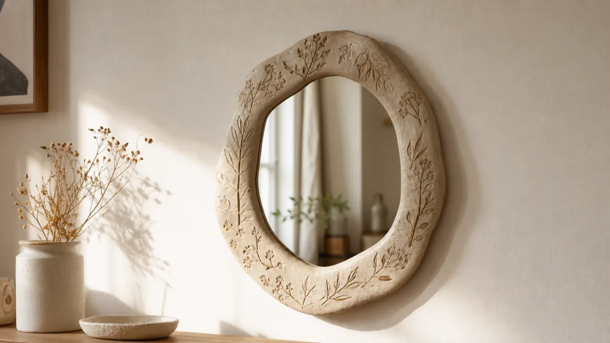 a handmade clay mirror with botanical textures mounted on a warm white…