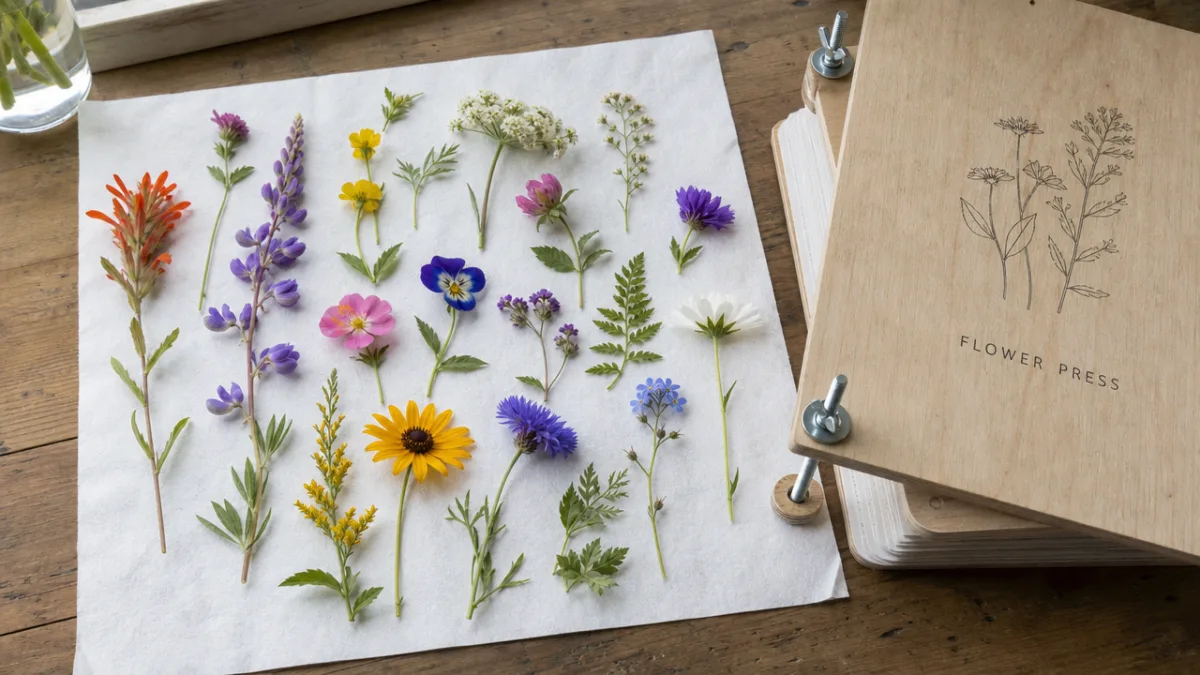 a flat lay of freshly picked colorful wildflowers arranged on white blotting…