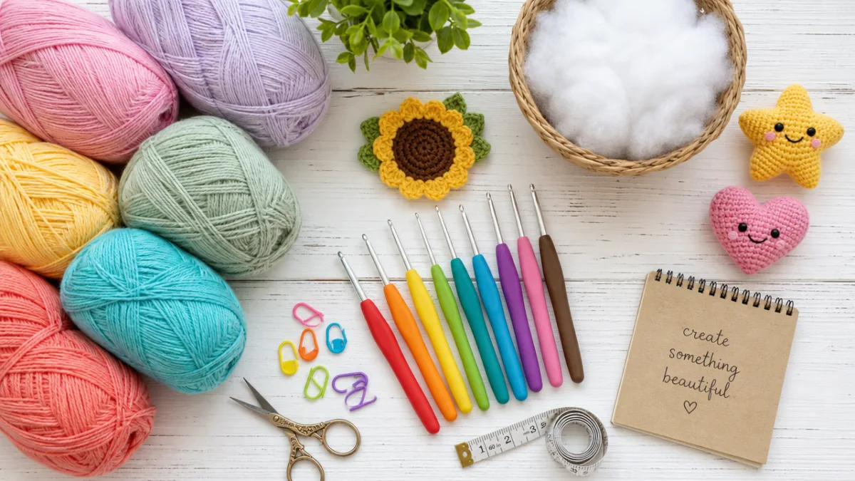 a flat lay of colorful crochet supplies including yarn, hooks, and stuffing…