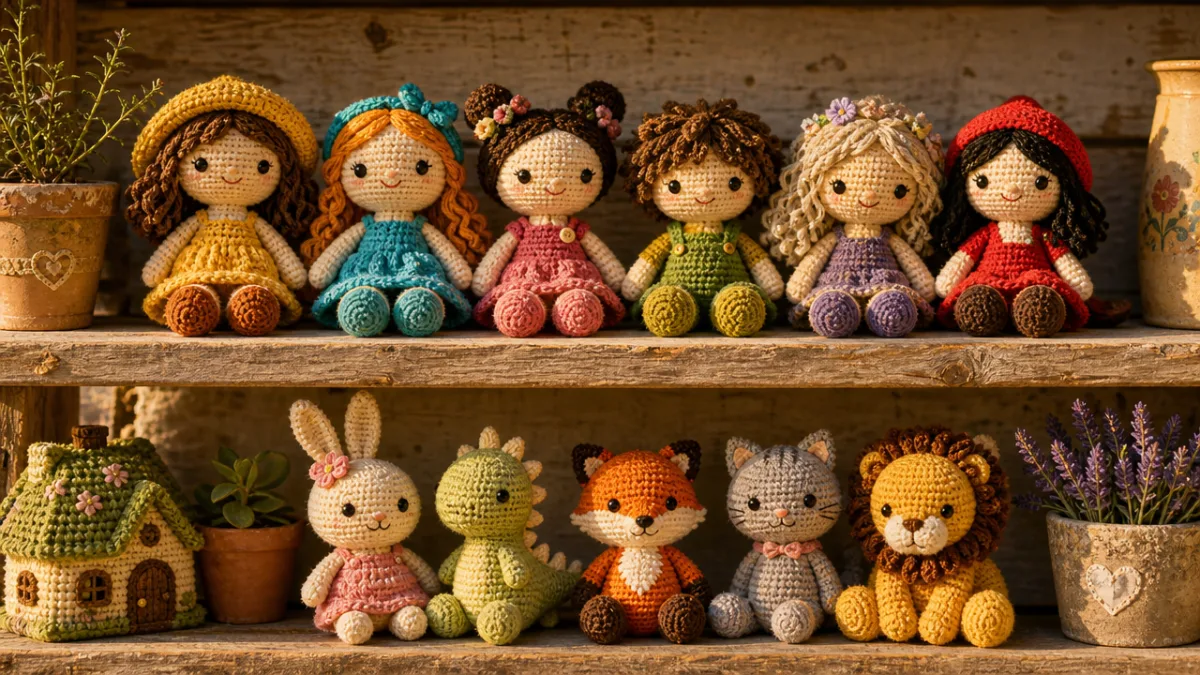 colorful handmade crochet dolls arranged on a rustic wooden shelf, warm golden…