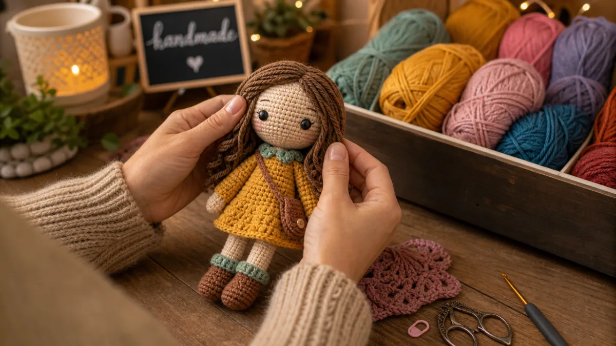 a crafter's hands holding a nearly finished crochet doll with colorful yarn…