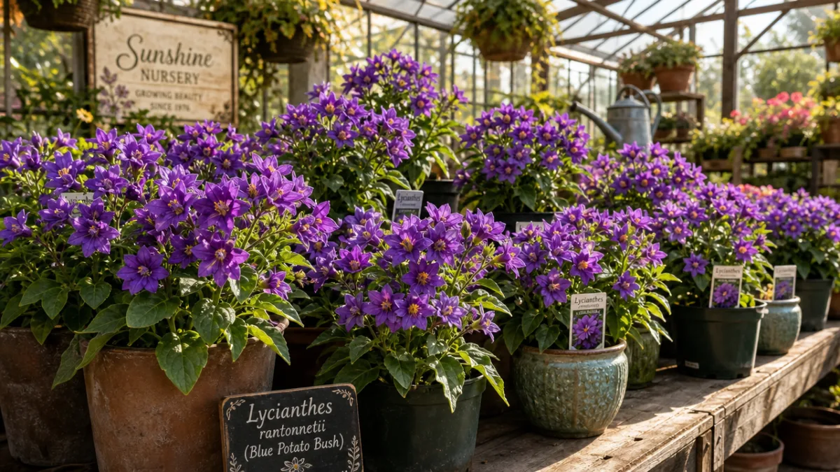 a lush nursery table covered with potted Lycianthes plants in full violet…