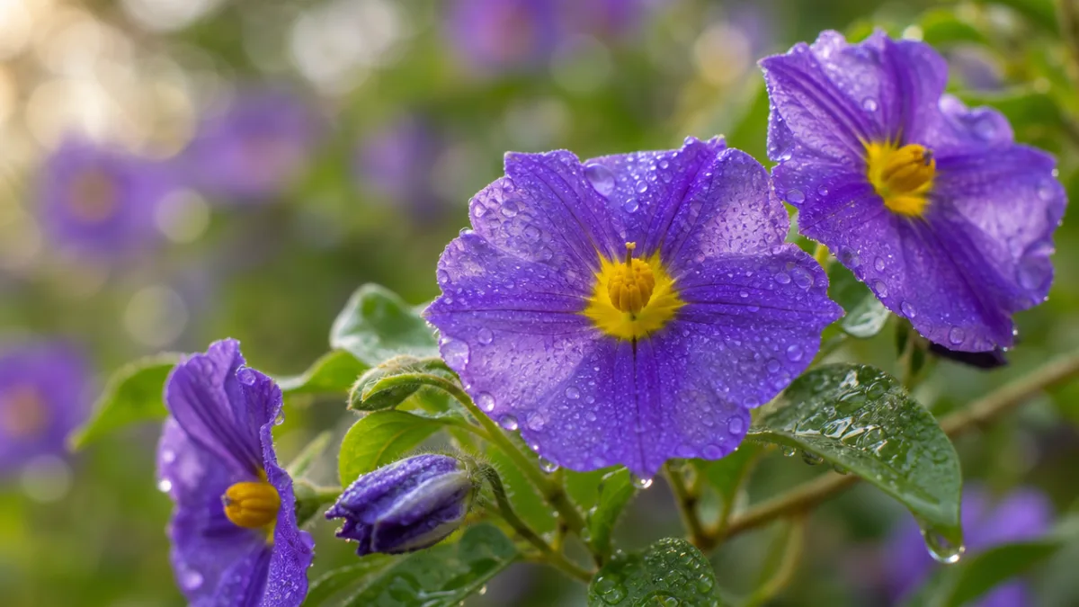 a close-up of Lycianthes rantonnetii flowers in violet and yellow, with soft…