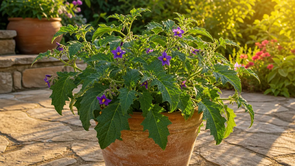 a healthy potted Lycianthes plant in a sunny garden setting with stone…