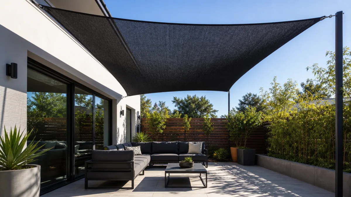 a black mesh shade sail panel stretched over a modern patio, bright…