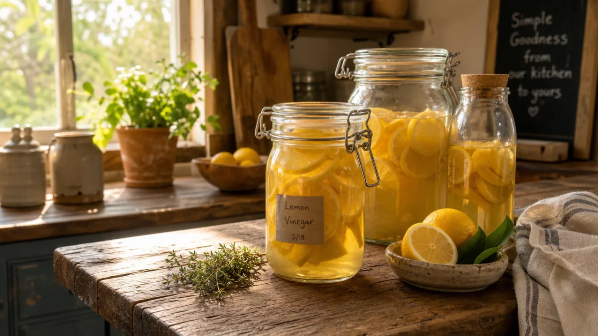 a rustic wooden kitchen countertop with glass jars of lemon vinegar infusion,…