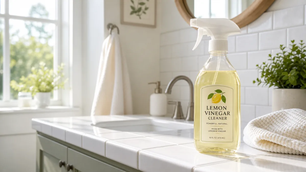 a clean bright bathroom with spray bottle of lemon vinegar cleaner on…