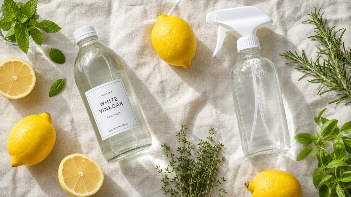 an overhead flat lay of lemons, white vinegar bottle, spray bottle, and…