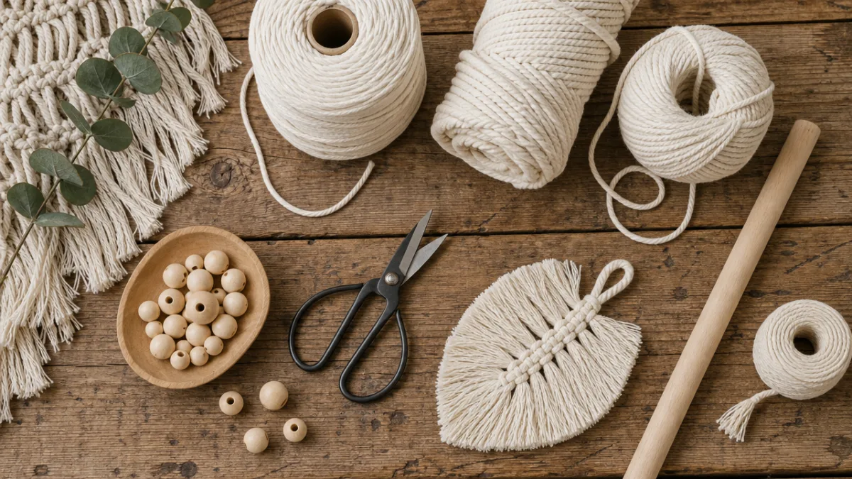 a flat lay of macramé supplies including cotton cord, wooden dowel, scissors…