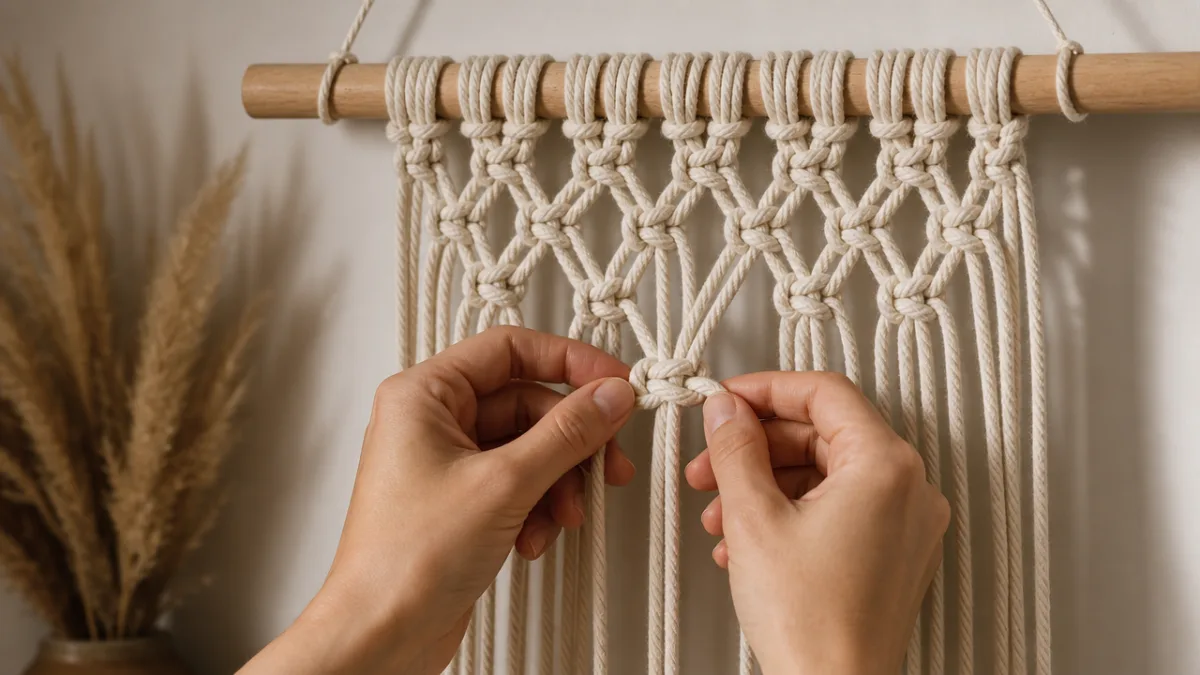 hands carefully tying square knots on a cotton macramé wall hanging suspended…