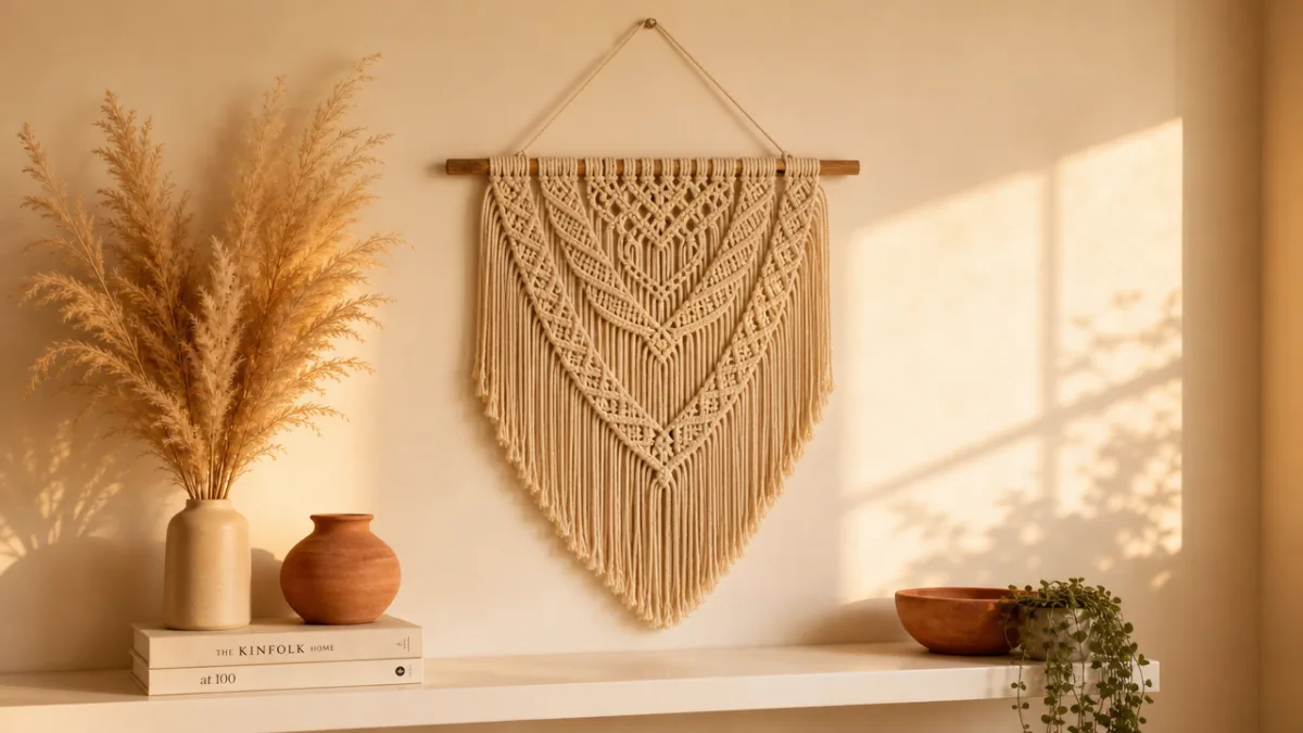 a finished macramé wall hanging displayed above a minimalist white shelf with…