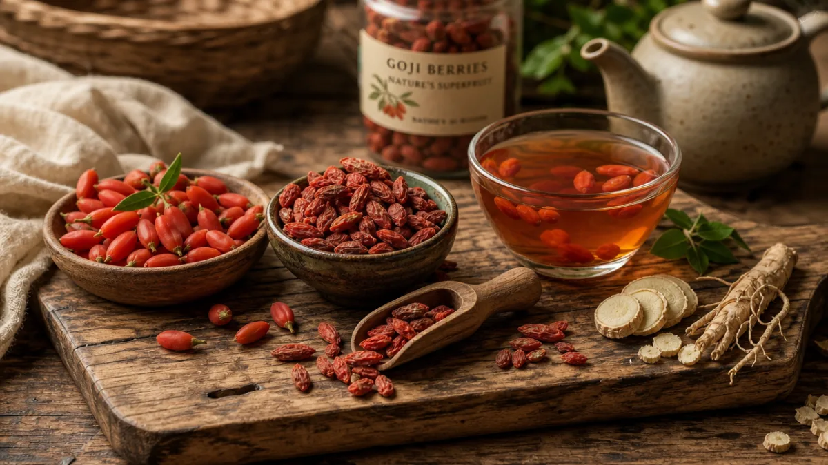 a rustic wooden board displaying fresh and dried goji berries alongside tea…