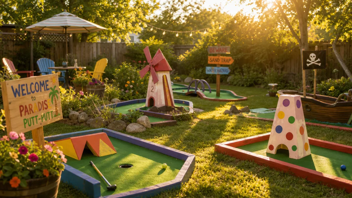 a sunlit backyard with a colorful homemade mini-golf course, cheerful afternoon golden…