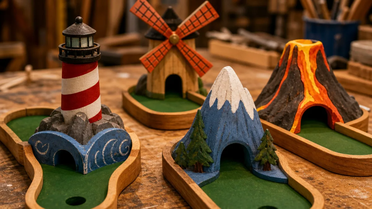 close-up of handcrafted wooden mini-golf obstacles painted in vibrant colors, warm workshop…
