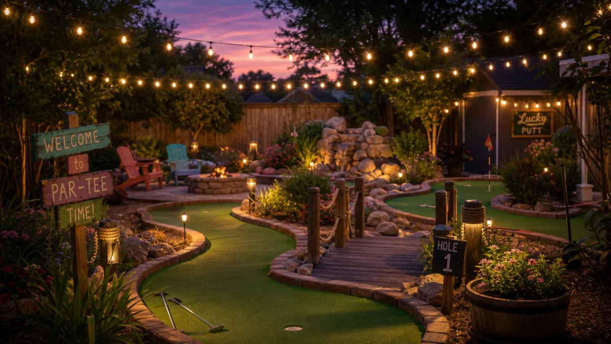 a dreamy backyard mini-golf course lit with string lights at dusk, soft…