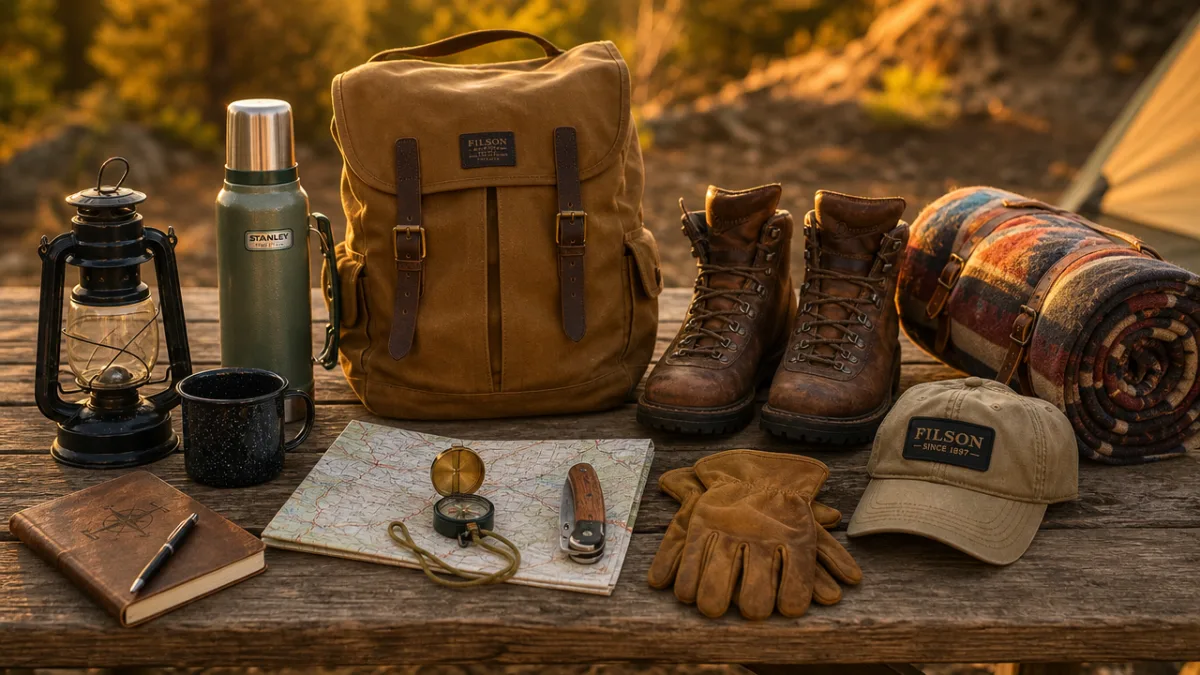 a rustic wooden table with outdoor camping gear arranged neatly in warm…